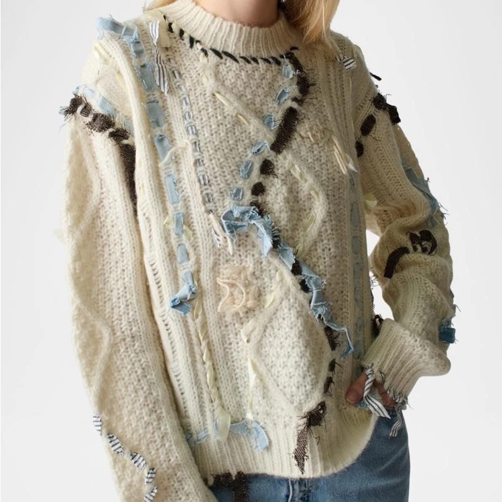 Lingua Franca Jade Scrap Embellished Crew Sweater
